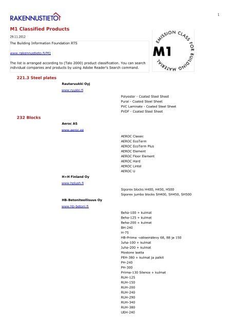 M1 Classified Products - Rakennustieto Oy