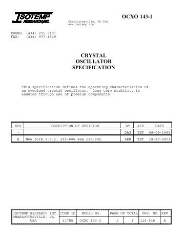 OCXO 143-1 CRYSTAL OSCILLATOR SPECIFICATION - isotemp