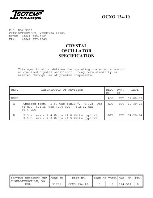 OCXO 134-10 CRYSTAL OSCILLATOR SPECIFICATION - isotemp