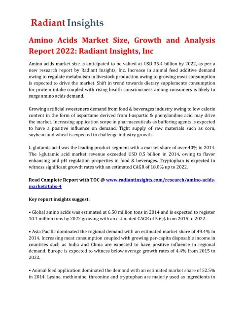 Amino Acids Market Size, Growth and Analysis Report 2022