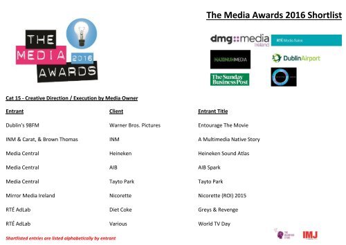 The Media Awards 2016 Shortlist