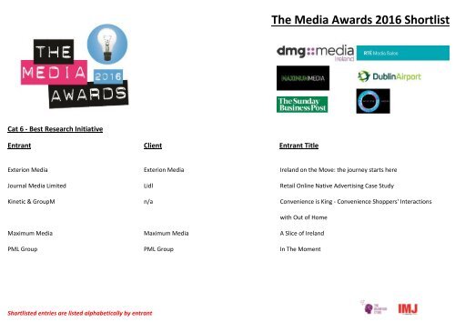The Media Awards 2016 Shortlist
