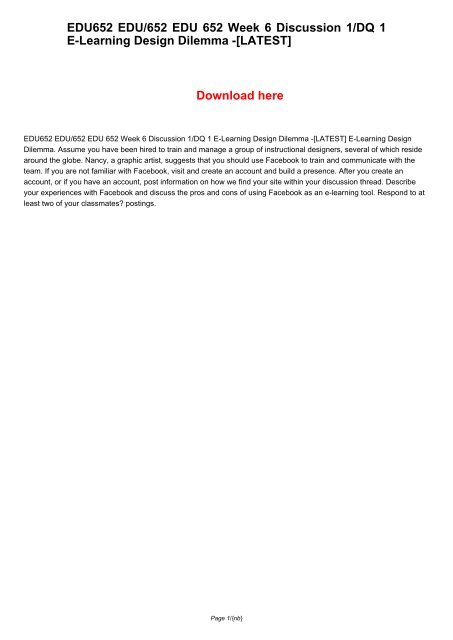 EDU652 EDU/652 EDU 652 Week 6 Discussion 1/DQ 1 E-Learning Design Dilemma -[LATEST]
