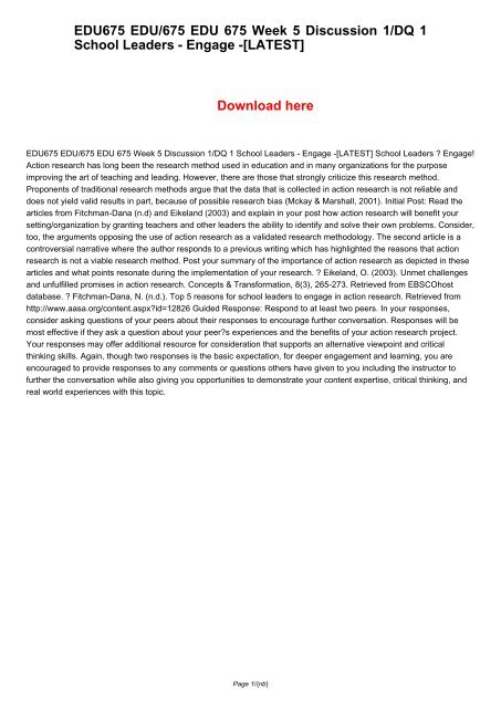 EDU675 EDU/675 EDU 675 Week 5 Discussion 1/DQ 1 School Leaders - Engage -[LATEST]