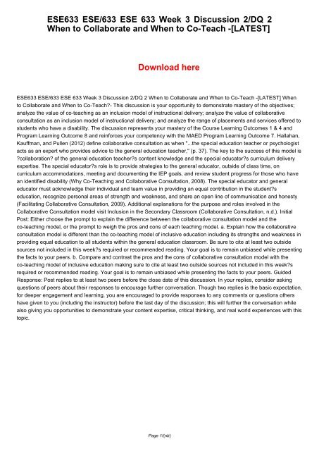 ESE633 ESE/633 ESE 633 Week 3 Discussion 2/DQ 2 When to Collaborate and When to Co-Teach -[LATEST]