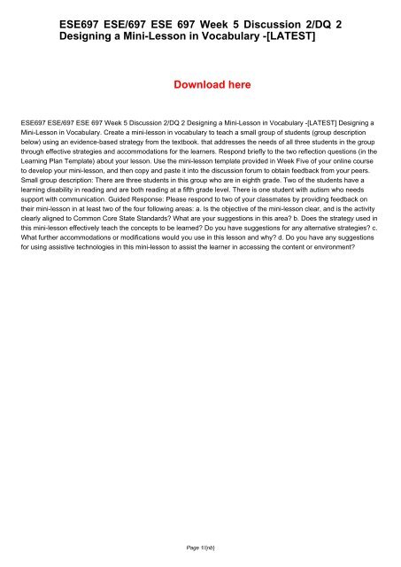 ESE697 ESE/697 ESE 697 Week 5 Discussion 2/DQ 2 Designing a Mini-Lesson in Vocabulary -[LATEST]