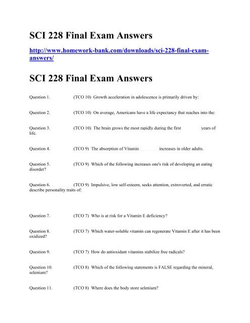 Sci 228 Final Exam Answers Sci 228 Final Exam Answers