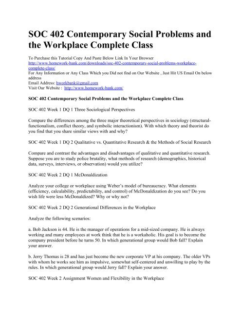Soc 402 Contemporary Social Problems And The Workplace
