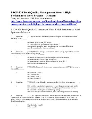 BSOP-326 Total Quality Management Week 4 High Performance Work Systems – Midterm