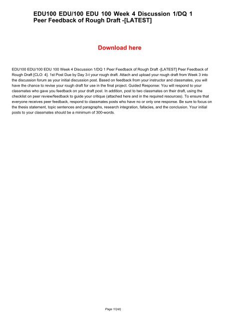 EDU100 EDU/100 EDU 100 Week 4 Discussion 1/DQ 1 Peer Feedback of Rough Draft -[LATEST]