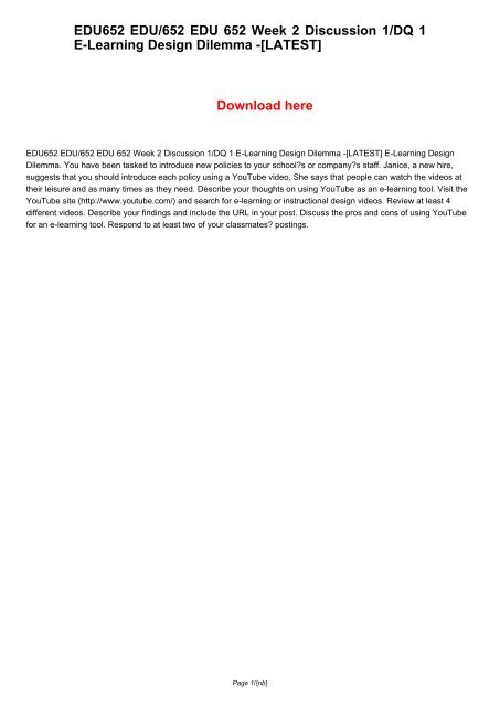 EDU652 EDU/652 EDU 652 Week 2 Discussion 1/DQ 1 E-Learning Design Dilemma -[LATEST]