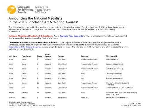 Announcing the National Medalists in the 2016 Scholastic Art & Writing  Awards!