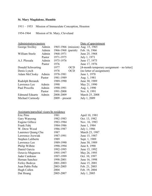 List of Priests Archdiocesan Archives St. Mary Magdalene Catholic