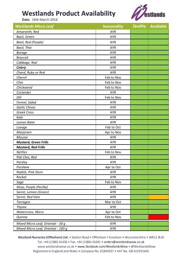 Westlands Product Availability