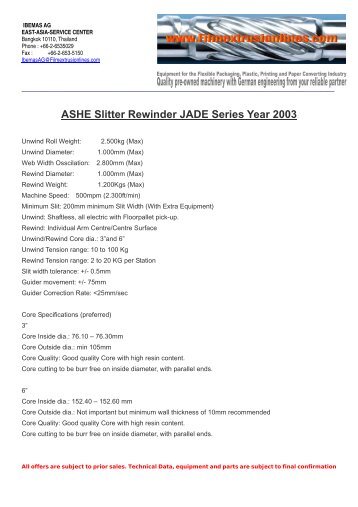 ASHE Slitter Rewinder JADE Series Year 2003 - IBEMAS AG
