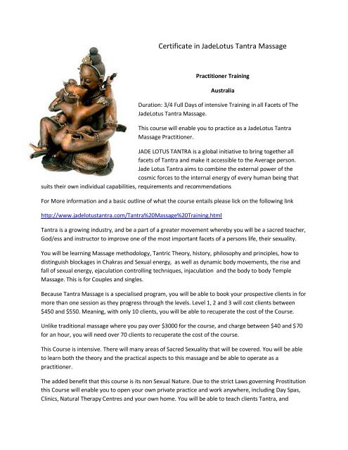 Certificate in JadeLotus Tantra Massage - Kundalini Massage