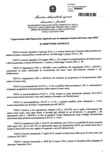 CAMPAGNA DI PESCA DEL TONNO ROSSO – ANNO 2016 Disposizioni applicative