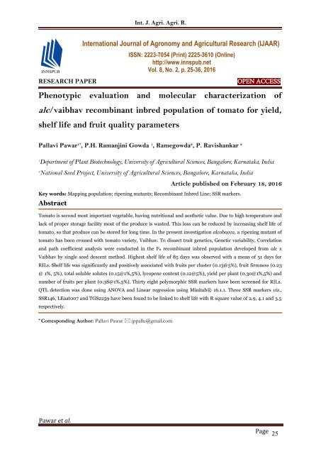 Phenotypic evaluation and molecular characterization of alc/vaibhav recombinant inbred population of tomato for yield, shelf life and fruit quality parameters