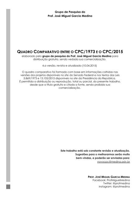 QUADRO COMPARATIVO CPC/1973 CPC/2015