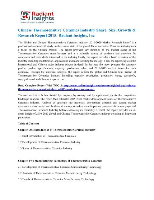 Chinese Thermosensitive Ceramics Industry Share, Size, Growth & Research Report 2015 Radiant Insights, Inc