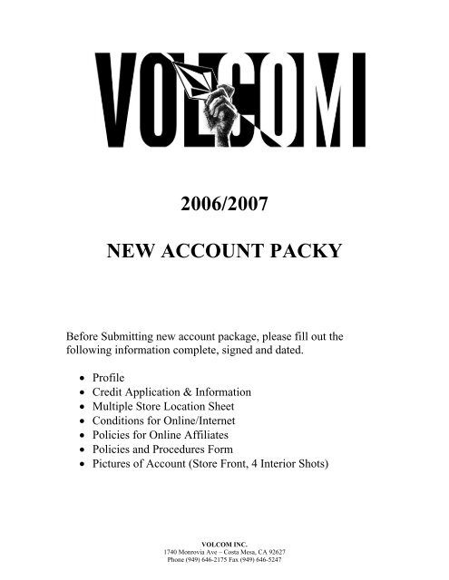 2006/2007 NEW ACCOUNT PACKY - Volcom