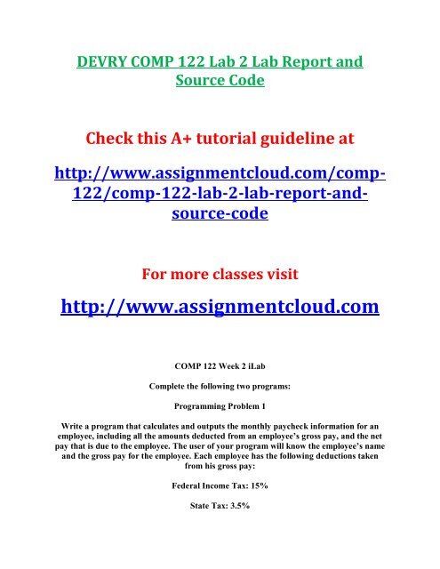 DEVRY COMP 122 Lab 2 Lab Report and Source Code