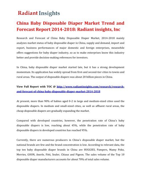 China Baby Disposable Diaper Market Trend and Forecast Report 2014-2018