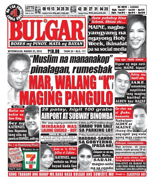 March 23, 2016 BULGAR: BOSES NG PINOY, MATA NG BAYAN