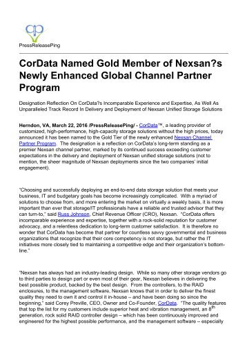 CorData Named Gold Member of Nexsan's Newly Enhanced Global Channel Partner Program