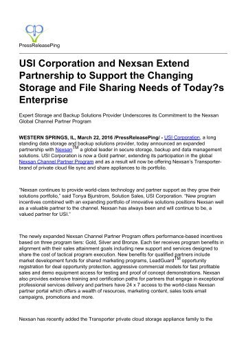 USI Corporation and Nexsan Extend Partnership to Support the Changing Storage and File Sharing Needs of Today's Enterprise