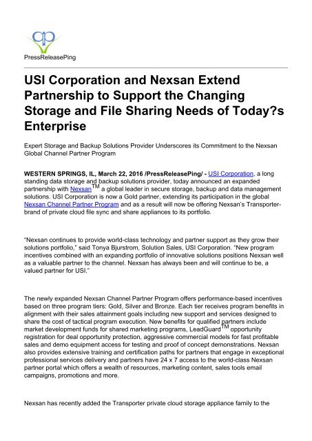 USI Corporation and Nexsan Extend Partnership to Support the Changing Storage and File Sharing Needs of Today's Enterprise