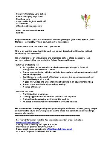 Cotgrave Candleby Lane School Office Manager position