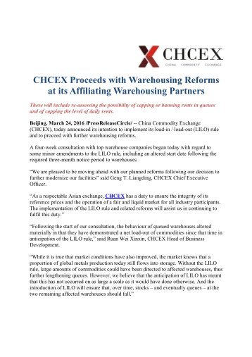 CHCEX Proceeds with Warehousing Reforms at its Affiliating Warehousing Partners