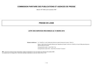 COMMISSION PARITAIRE DES PUBLICATIONS ET AGENCES DE PRESSE PRESSE EN LIGNE