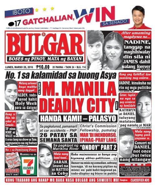 March 28, 2016 BULGAR: BOSES NG PINOY, MATA NG BAYAN