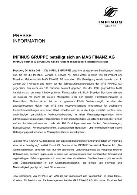 INFINUS GRUPPE beteiligt sich an MAS FINANZ AG