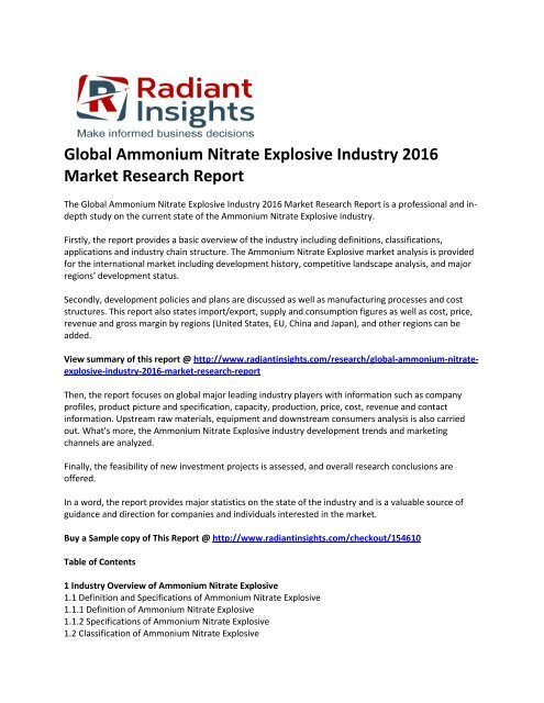 Ammonium Nitrate Explosive Market Survey & Market Size Up To 2016: Radiant Insights, Inc