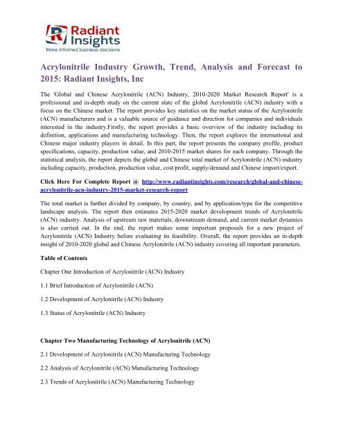 Acrylonitrile Industry Growth, Trend, Analysis and Forecast to 2015 Radiant Insights, Inc