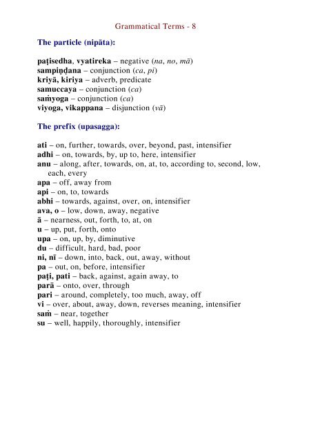 Grammatical Terms compiled by Bhikkhu Nyanamoli