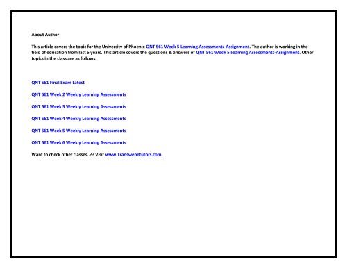 QNT 561 Week 5 Weekly Learning Assessments - Assignment