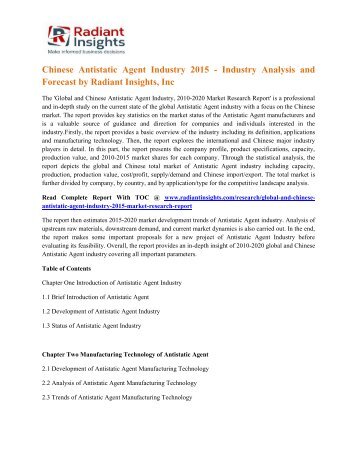 Chinese Antistatic Agent Industry 2015 - Industry Analysis and Forecast by Radiant Insights, Inc