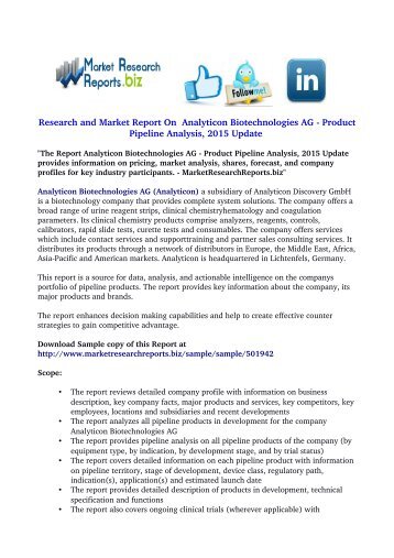  Analyticon Biotechnologies AG - Product Pipeline Analysis, 2015 Update 