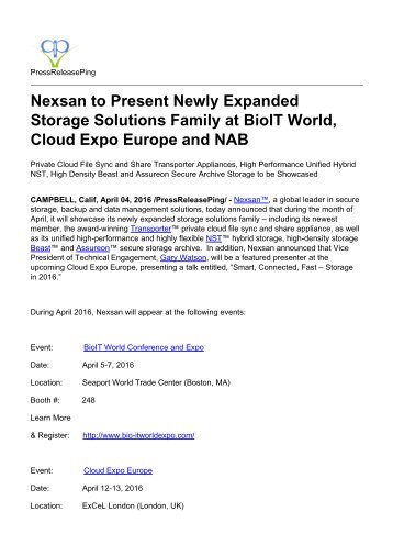 Nexsan to Present Newly Expanded Storage Solutions Family at BioIT World, Cloud Expo Europe and NAB