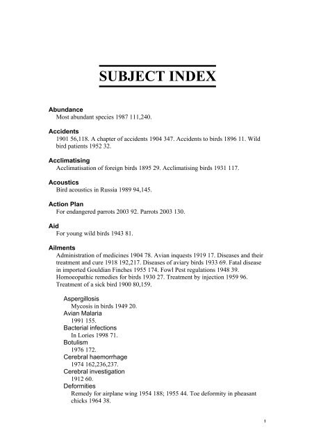 SUBJECT INDEX - The Avicultural Society