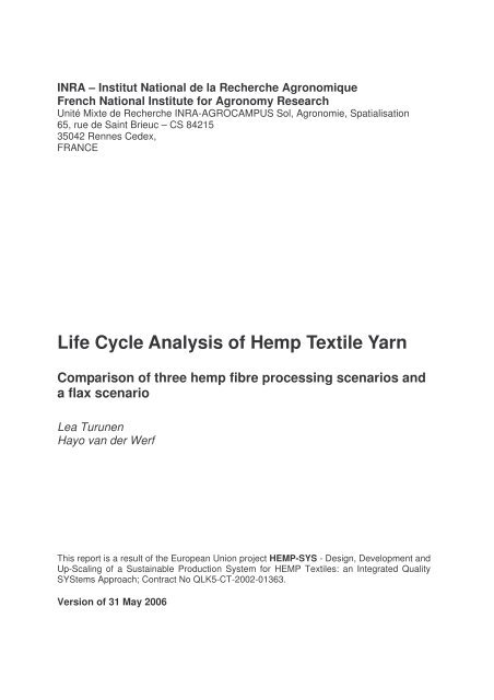 Life Cycle Analysis of Hemp Textile Yarn - INRA Rennes