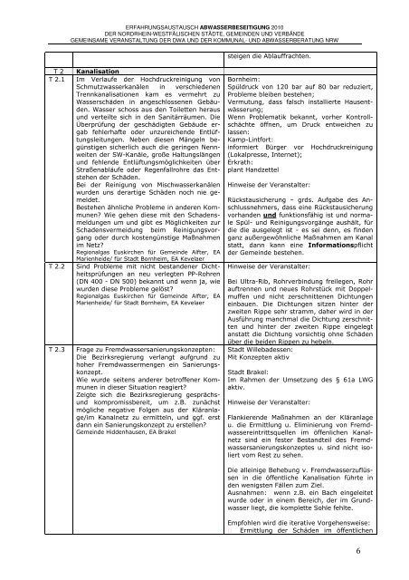 Protokoll kommunaler EA 2010 - und Abwasserberatung NRW