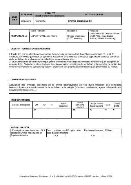 UFR Chimie UFR Physique, Pharmacie, ECPM. - Faculté de Chimie ...