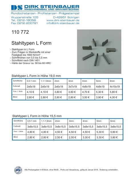 Preisliste L Typen 2x6x19 und...