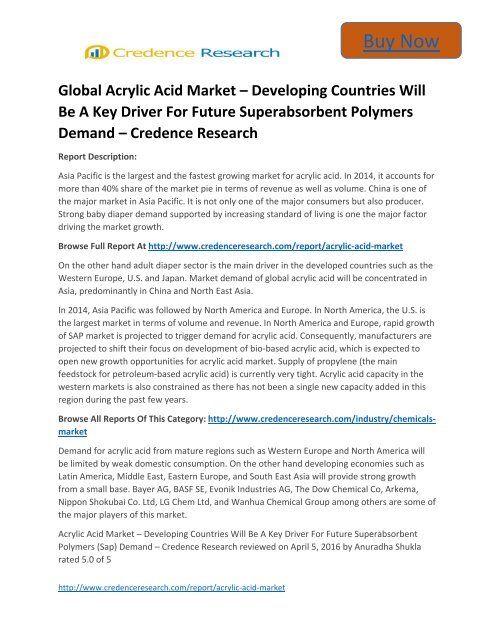 Global Acrylic Acid Market to 2022 Size,Share,analysis,Trends and Forecast,by Credence Research