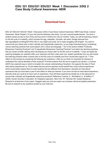 EDU 321 EDU321 EDU/321 Week 1 Discussion 2/DQ 2 Case Study Cultural Awareness -NEW